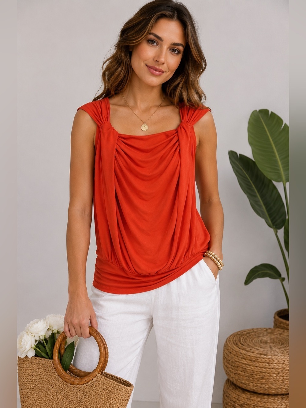 Max Studio Red Orange Draped Sleeveless Blouse Ruched Shoulder Stretch Top M